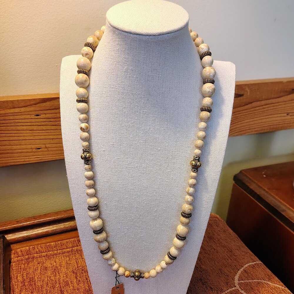 Vtg 80s NWT MONA SO Necklace Genuine Stone Antique Gold-Tone